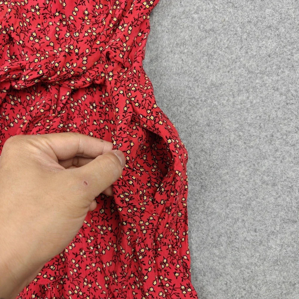 Free People Dress Womens Large Red‎ Floral Wrap Ruffle Mini V Neck Puff Sleeve
